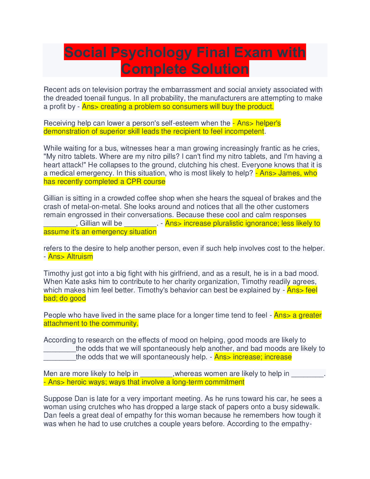 Preview image of Social Psychology Final Exam with Complete Solution document